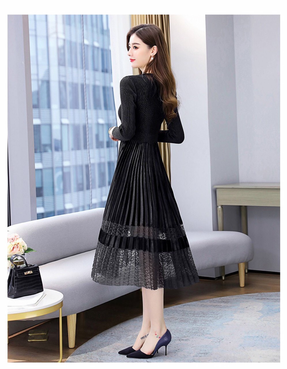 Đầm Dập Ly Chân Nhung Phối Ren - HN919